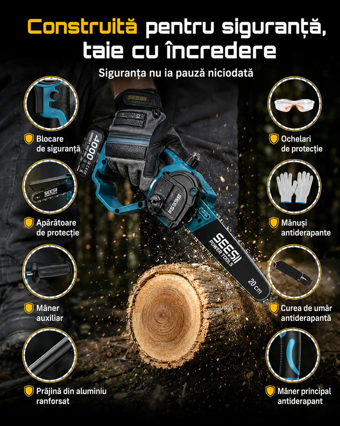 Fierăstrău electric SEESII P8 Ace fără fir, detaliu sistem de prindere, imaginea 6
